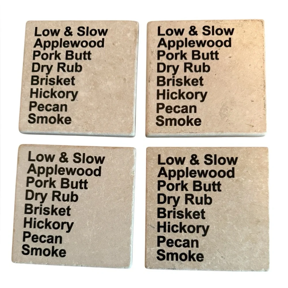 Set of 4 BBQ Themed Marble Coasters new smoked pork applewood hickory grill cook